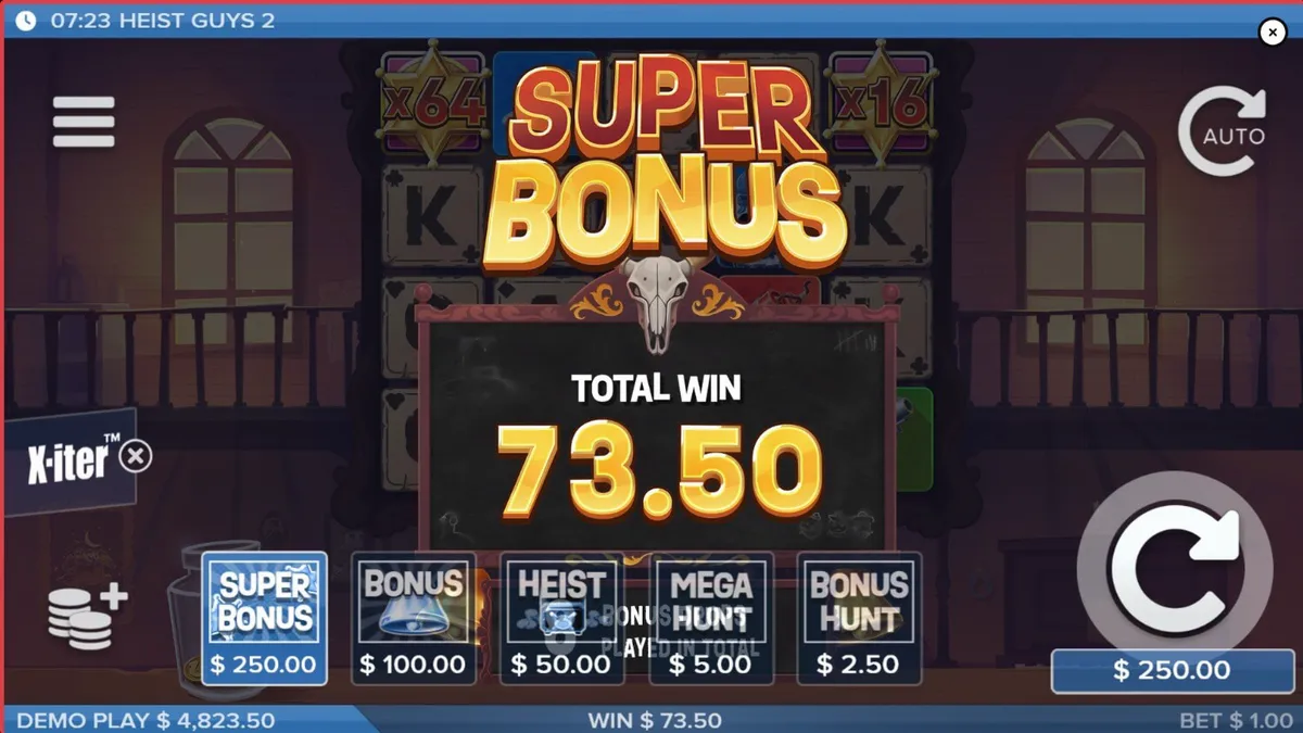 Heist Guys 2 slot game interface featuring the three bandit characters in a Western desert setting